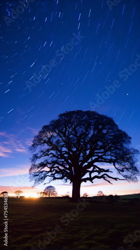 Night sky with stars and tree silhouette, blue and black colors, long exposure photography