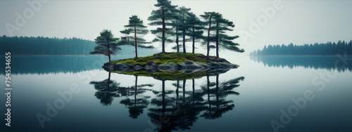 Small rocky island with green pine trees in the middle of a calm lake surrounded by a larger forest with fog in the background photo