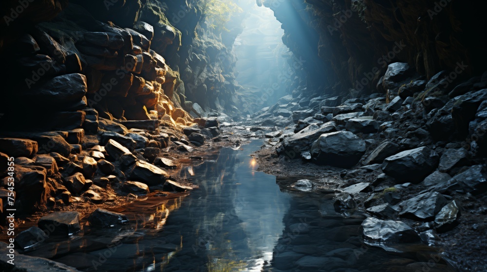 Landscape photography all over mountains, stones, sunlight through a crack in the rocks, gorge, stream, body of water, mountains - obrazy, fototapety, plakaty 