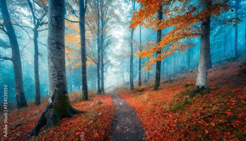 Beautiful mystical forest in blue fog in autumn. Colorful landscape with enchanting trees