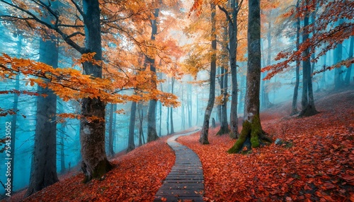 Beautiful mystical forest in blue fog in autumn. Colorful landscape with enchanting trees