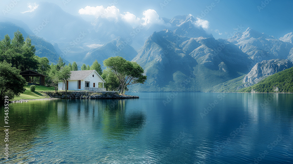 Fototapeta premium одноэтажный белый дом на берегу озера в горах