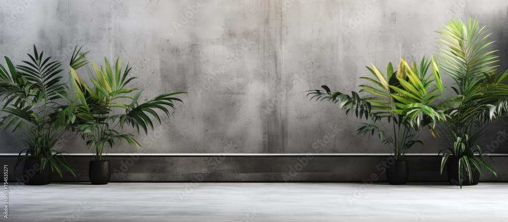 Three green potted plants are placed in front of a plain concrete wall, casting shadows on the ground. The minimalistic backdrop enhances the display of the plants. Three green potted plants are placed in front of a plain concrete wall, casting shadows on the ground. The minimalistic backdrop enhances the display of the plants.