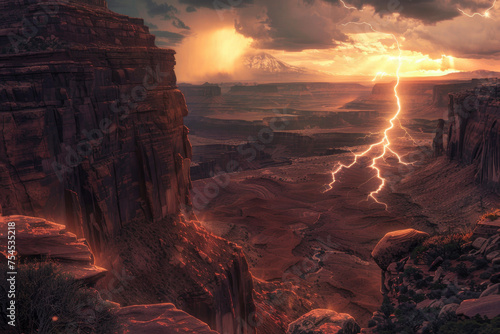 A canyon gorge, lightning illuminating the depths, ancient rock formations standing silent witness