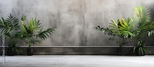 Three green potted plants are placed in front of a plain concrete wall, casting shadows on the ground. The minimalistic backdrop enhances the display of the plants.