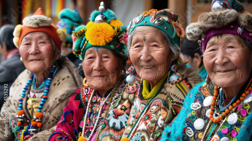 Several elderly women wearing vibrant headdresses are seated closely in a group
