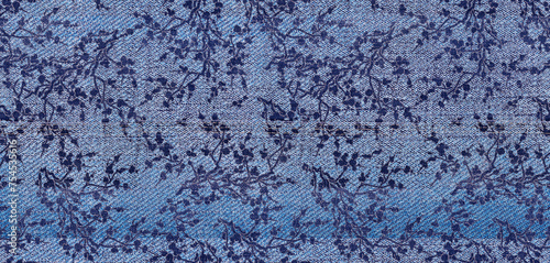 Floral blue navy denim effect flax fiber natural pattern detailed woven linen grunge texture . Organic fibre weave fabric surface material effect style design
