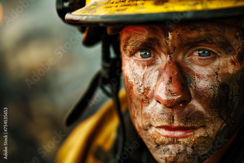 Close up of firemans face in yellow helmet with wrinkles