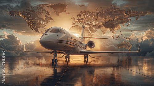 Bottom view illustration of a small jet aircraft against the background of a stylized world map as an association of multi-destination operations