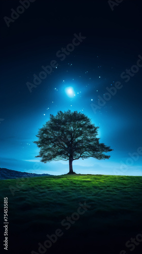 Night landscape with a lonely tree under the starry sky