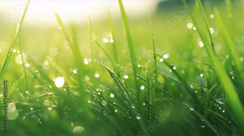 Close-up of green grass with dew drops at sunrise, nature photography, green colors