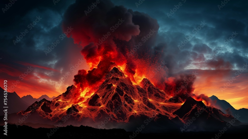 Picture of dangerous living volcano volcanic eruption fiery lava clouds fire magma clouds tragedy natural disaster danger close-up shot natural phenomenon sunset sun sky beautiful landscape realistic