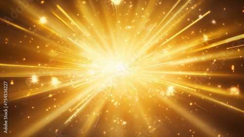 Golden rays of light with particles. Abstract background with radial golden rays and sparkles.