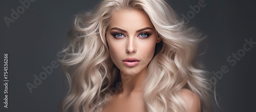 A stylish woman with long blonde hair and piercing blue eyes strikes a confident pose against a neutral gray background. Her radiant beauty, enhanced by cosmetics and skincare, exudes glamour and