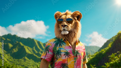 lion posing dressed in flower shirt in spring summer to celebrate the holidays. lion looking cute in a flower shirt with a background of nature and blue sky. Concept of friendly animals