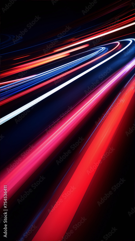 Abstract painting of curved red blue and white light trails on a black background. Abstract painting of curved red blue and white light trails on a black background.