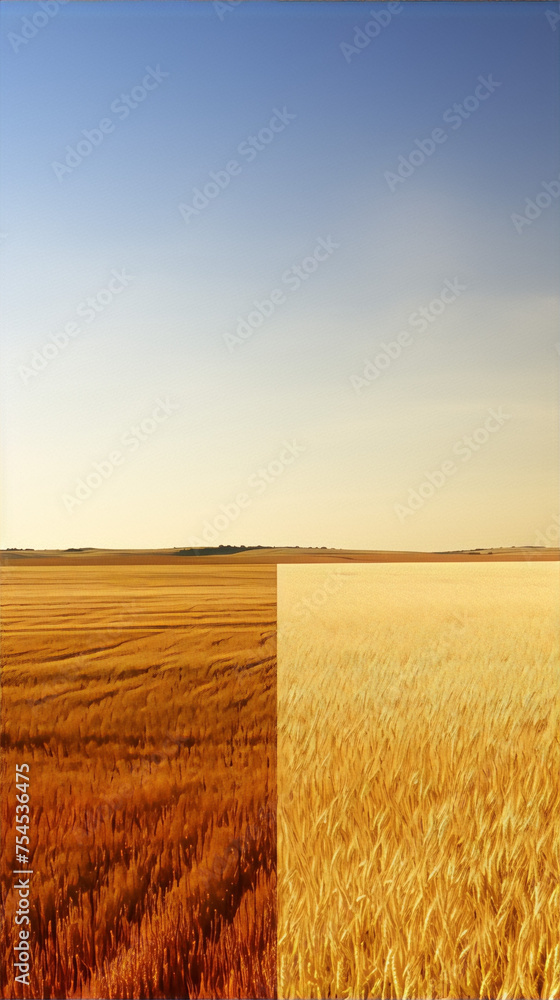 Obraz premium Photography of a golden wheat field split in half with a blue sky