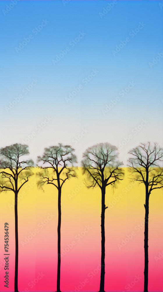 Four black leafless trees in front of a blue and yellow gradient sky and a pink ground. Four black leafless trees in front of a blue and yellow gradient sky and a pink ground.