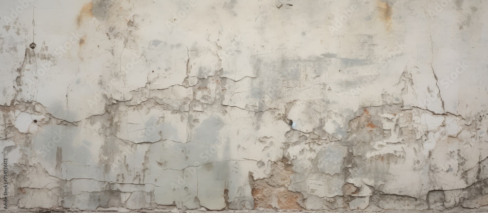 Obraz premium A black and white depiction of an aged wall with peeling paint and smeared plaster. The deteriorating surface adds character and history to the scene.