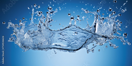 Water splash with droplets of water on a blue background.