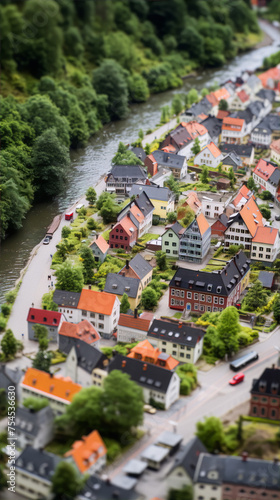 A tilt-shift image of a colorful European village with a river running through it.