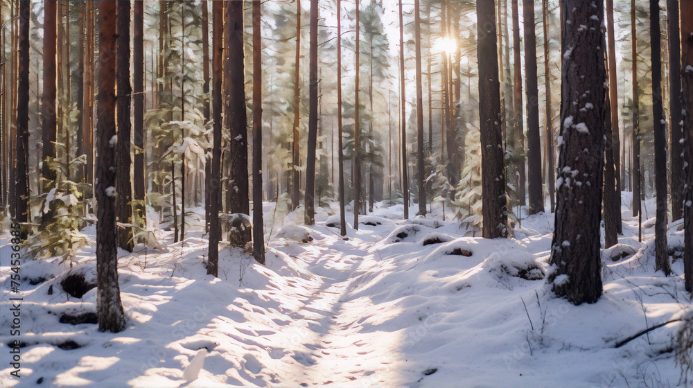 majestic pine trees in a snowy forest with a bright sun shining through the trees