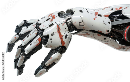Futuristic white robotic arm with mechanical complexity, cut out - stock png.