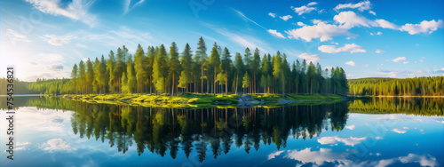 The image is of a beautiful lake reflecting the sky and trees in the water with a blue sky and white clouds.