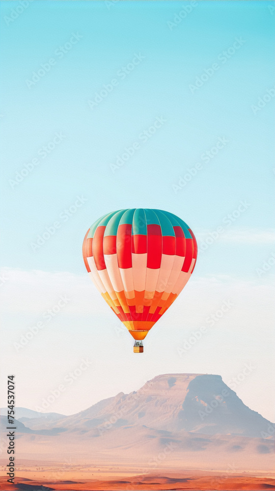 Hot air balloon ride over desert mountains at sunrise in blue sky