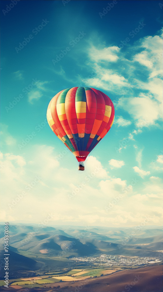Fototapeta premium Hot air balloon ride over the mountains. Photography. Retro, vintage, faded, soft colors.