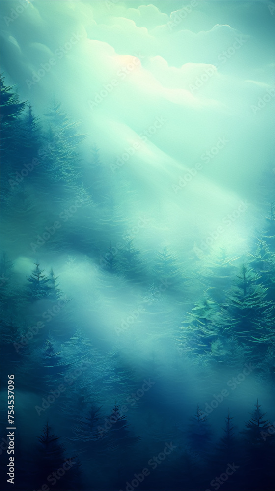 Obraz premium Blue and green foggy forest landscape, digital art, soft colors