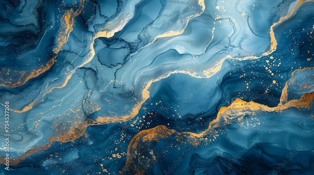 Fototapeta premium Blue and gold marble abstract texture , background pattern.