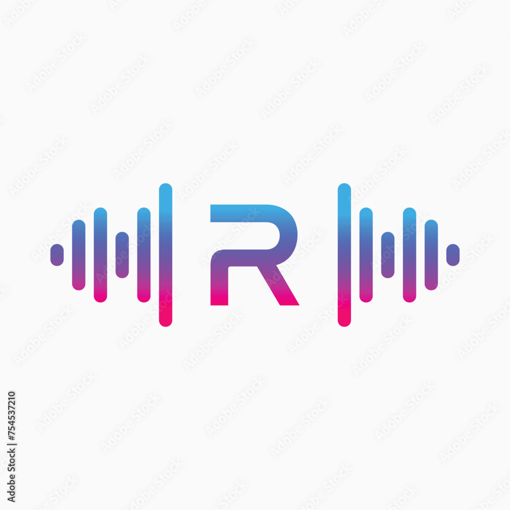 R letter with Pulse music player element. Logo template electronic music, equalizer, store, dj, nightclub, disco. Audio wave logo concept, Multimedia Technology themed, Abstract Shape vector R letter with Pulse music player element. Logo template electronic music, equalizer, store, dj, nightclub, disco. Audio wave logo concept, Multimedia Technology themed, Abstract Shape vector