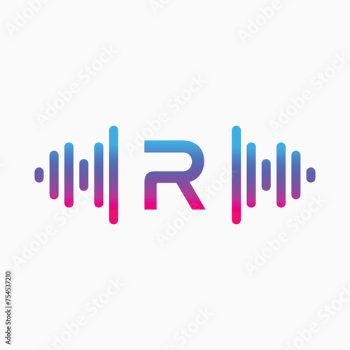 R letter with Pulse music player element. Logo template electronic music, equalizer, store, dj, nightclub, disco. Audio wave logo concept, Multimedia Technology themed, Abstract Shape vector