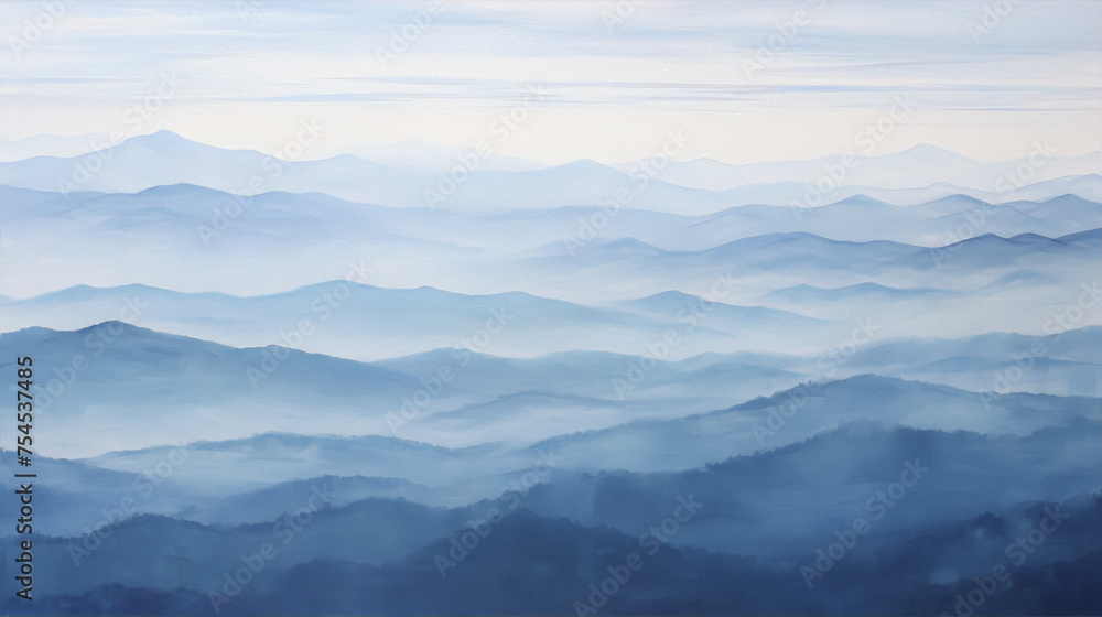 Blue misty mountains landscape, painted in soft pastel colors.