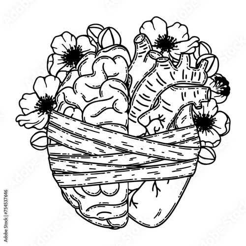 Realistic human heart and brain line art vector. Psychological or heart disease, mental health issues, logic and emotion priority concept