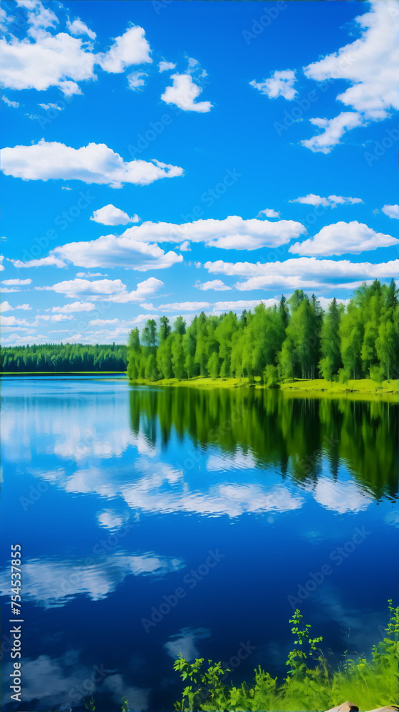 Tranquil lake and trees landscape, blue sky and white clouds, green forest, calm water reflecting sky