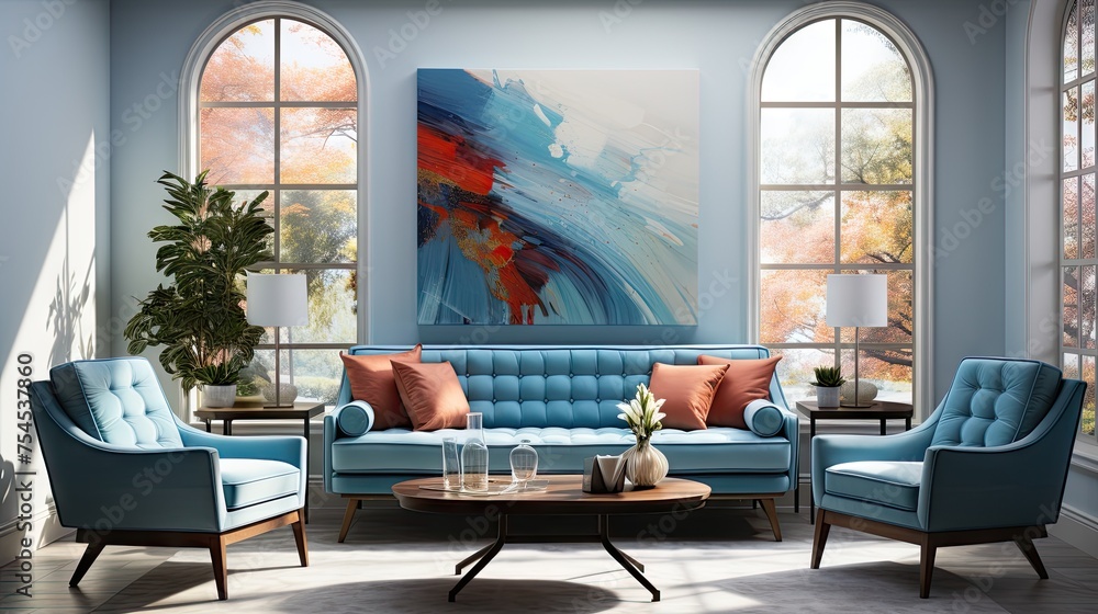 A blue living room with a large painting on the wall. The room is furnished with a couch, two chairs, and a coffee table. There are also potted plants and a vase on the table - obrazy, fototapety, plakaty 