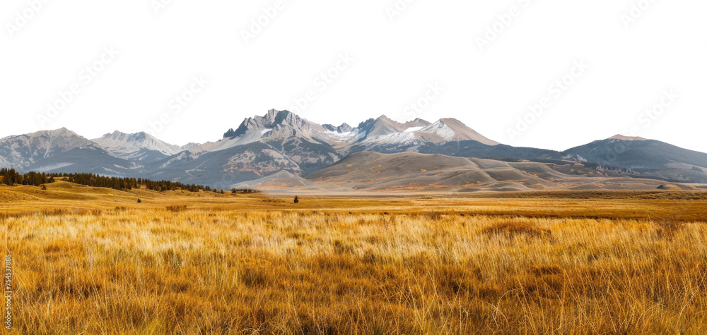 Autumn prairie with mountain range backdrop under a clear sky, cut out - stock png.