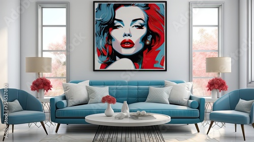 A woman's portrait is hanging on the wall in a living room. The room is decorated with blue furniture and has a modern, minimalist style. The woman in the portrait is wearing red lipstick