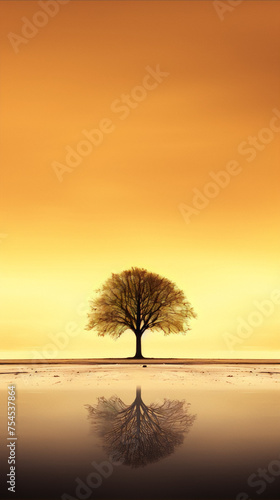 A tree in a field of wheat at sunset with a lake reflecting the scene in warm colors.