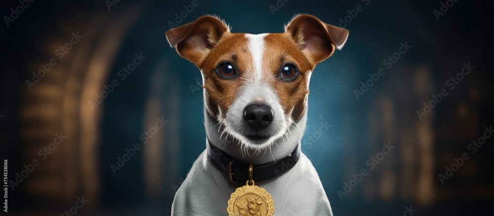 A brown and white Jack Russell Terrier stands proudly with a medal around its neck, signifying its achievement in winning an award. The dog looks alert and happy, showcasing its success.