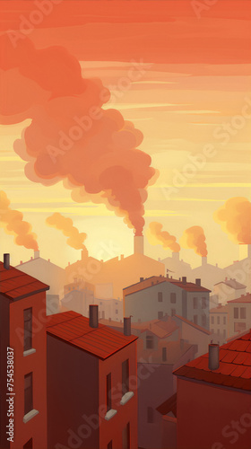 Cityscape with sunset and smoking factory chimneys in the background