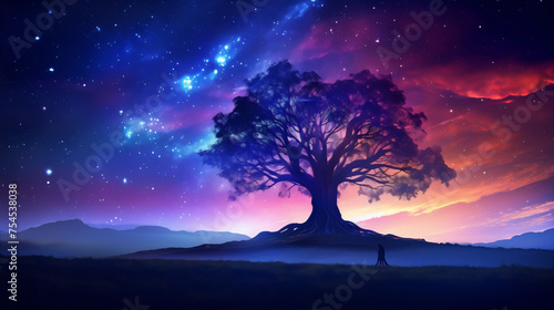Fantasy landscape with a giant tree under a starry night sky and a couple standing in front of it.