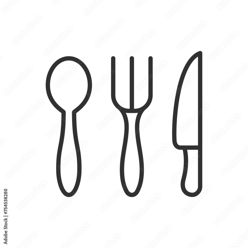 Food utensils, linear icon. Spoon, fork, knife. Line with editable stroke Food utensils, linear icon. Spoon, fork, knife. Line with editable stroke