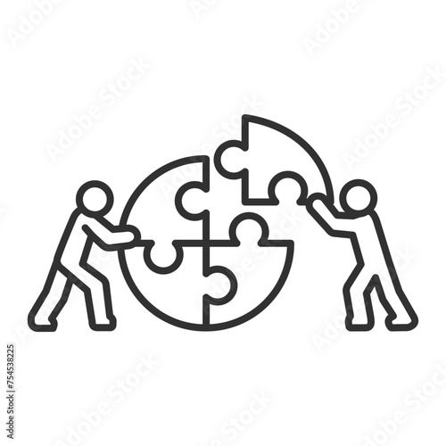Cooperation, teamwork, linear icon. Joining forces. People putting the puzzle together. Line with editable stroke