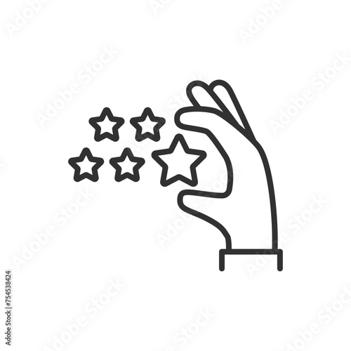 User review and feedback, linear icon. Hand holding the stars. Line with editable stroke