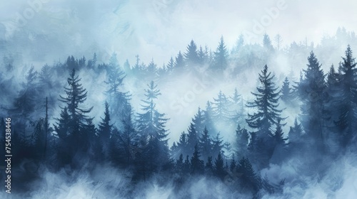 Misty landscape background with fog and fir forest in watercolour style, nature poster or banner