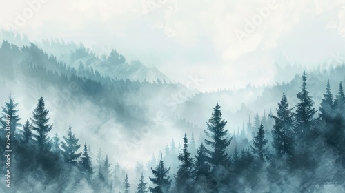 Misty landscape background with fog and fir forest in watercolour style, nature poster or banner