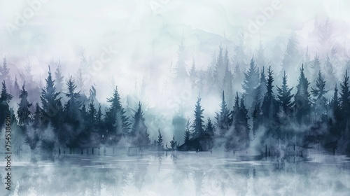 Misty landscape background with fog and fir forest in watercolour style, nature poster or banner © eireenz
